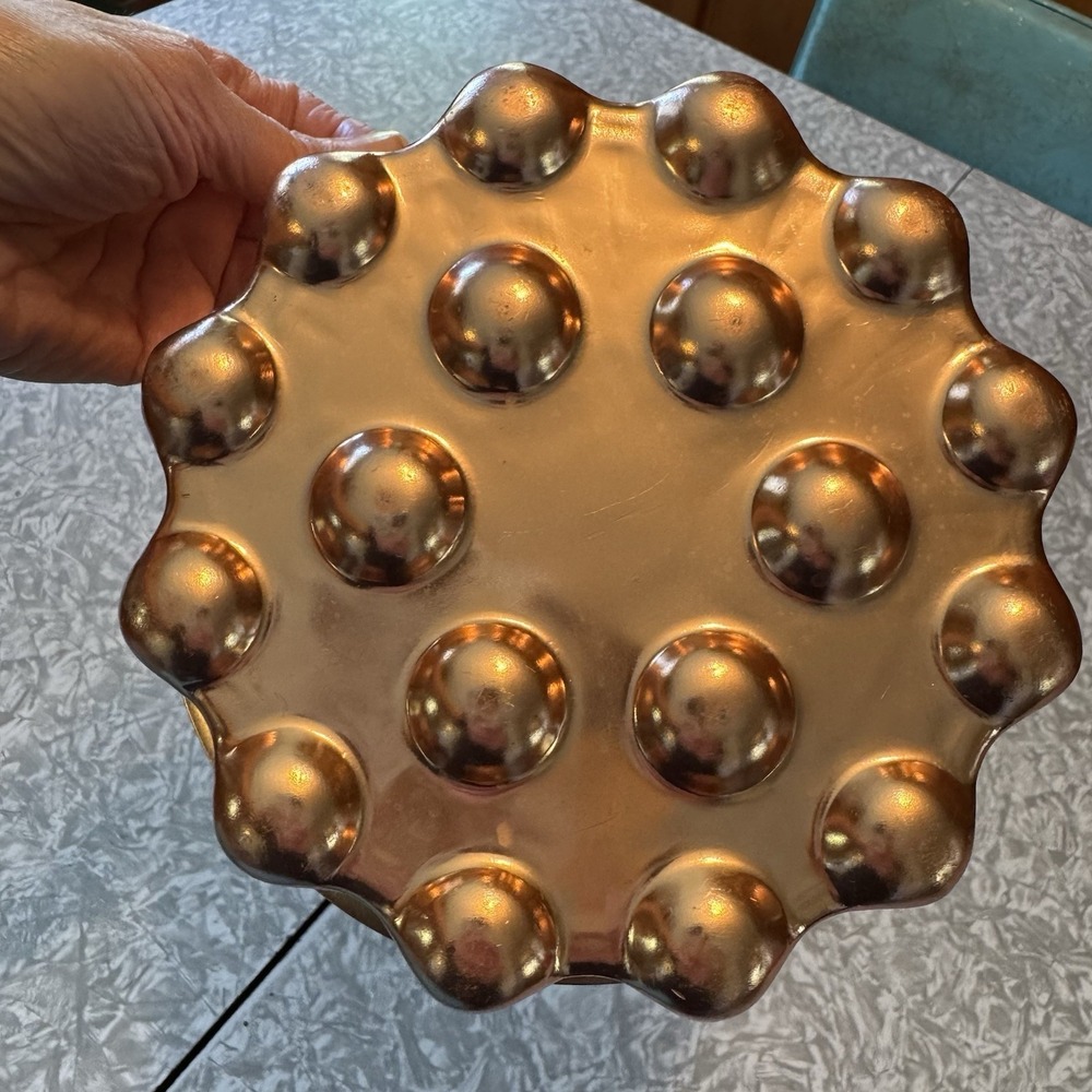 VINTAGE Copper Tone Cake Pan Jello Mold 4 Cups Fluted w/Bumps Farmhouse Retro